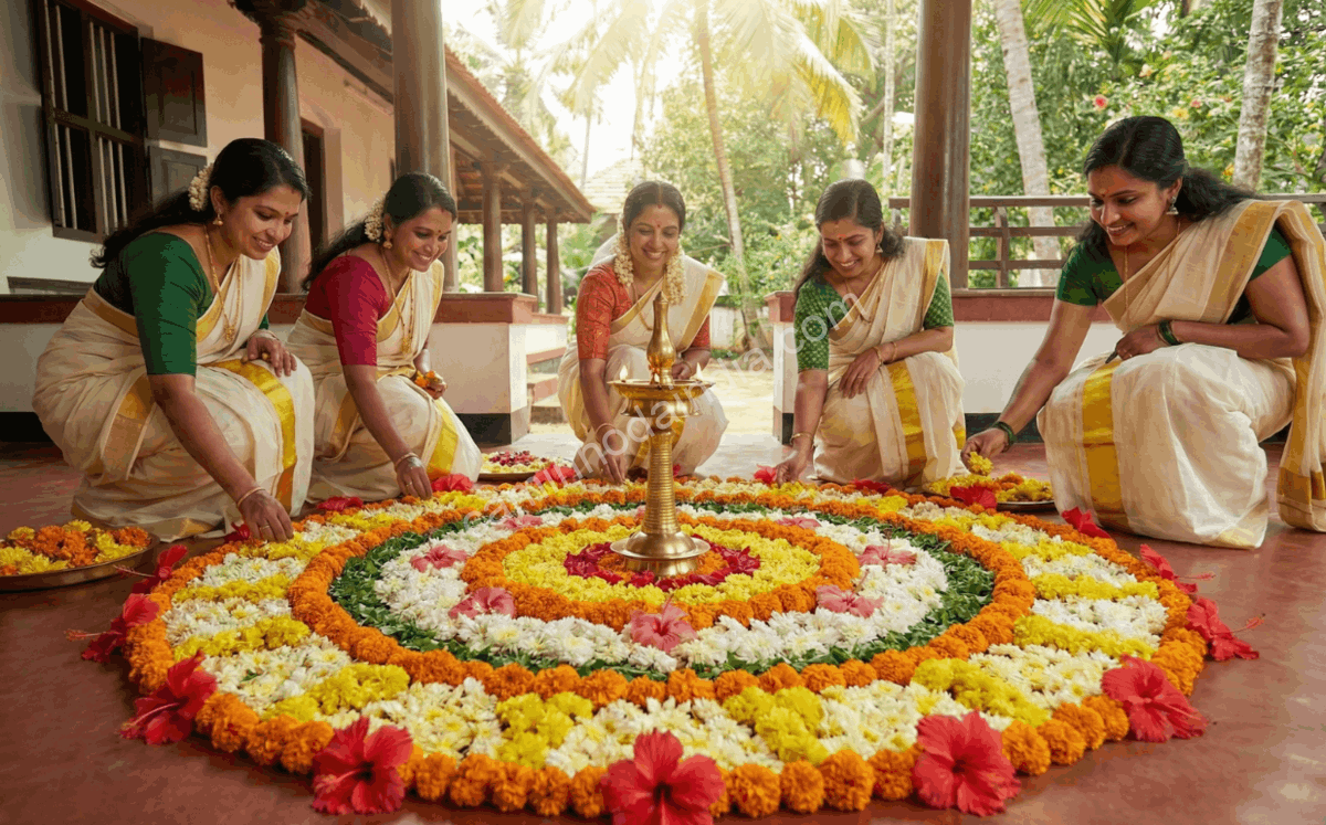 Mulheres criam um pookalam com flores coloridas durante as celebrações de Onam em Kerala
