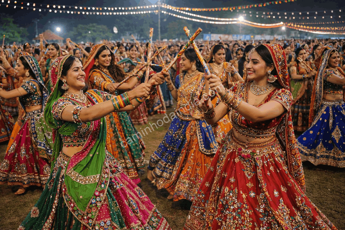 mulheres-dancando-dandiya-gujarat-janmashtami Mulheres celebram o Janmashtami em Gujarat com a dança dandiya, expressando devoção, alegria e tradição por meio da música e do movimento coletivo
