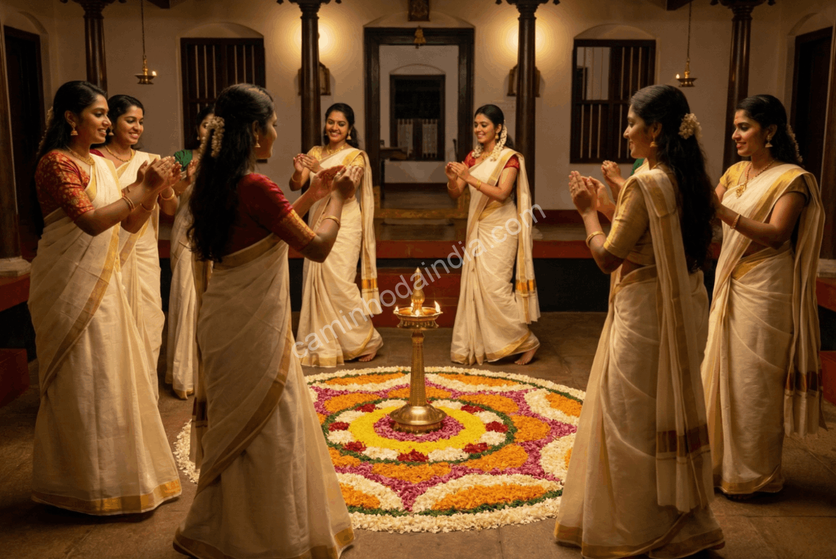 mulheres-dancando-kaikottikali-onam Mulheres dançam Kaikottikali durante as celebrações de Onam em Kerala