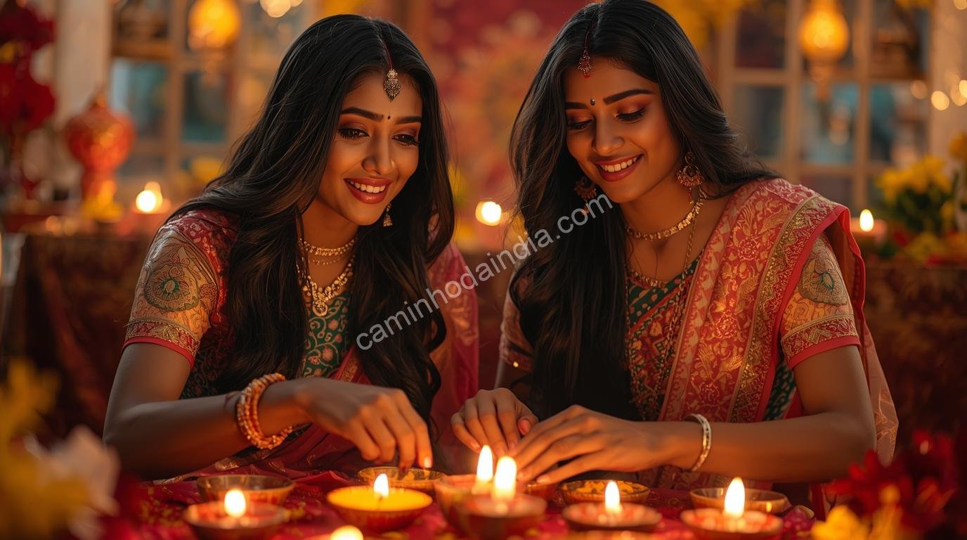 Mulheres arrumando diyas durante Diwali o Festival das Luzes