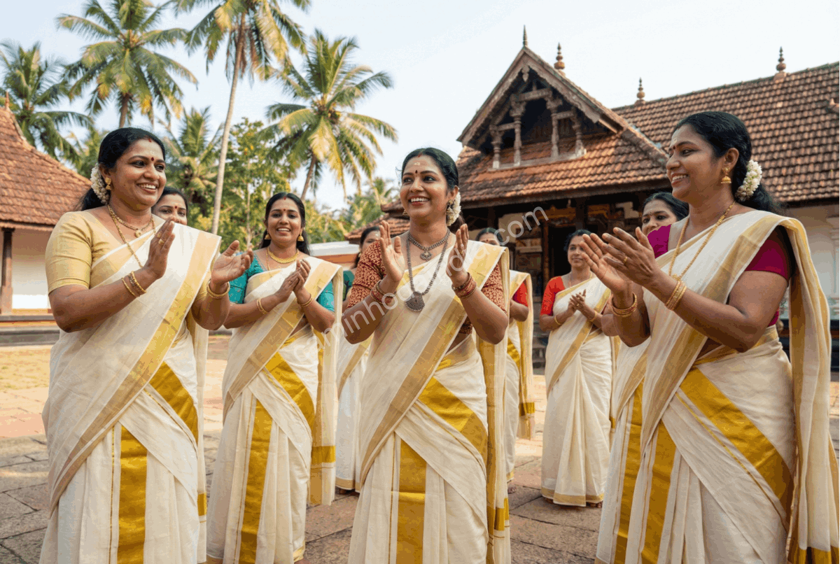 mulheres-reunidas-fora-do-templo-pos-onam Grupo de mulheres reunidas do lado de fora de um templo após o encerramento das celebrações de Onam