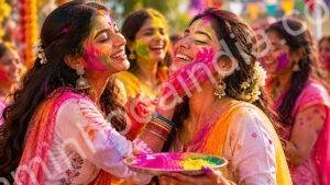 Pessoas lançando pó colorido durante o festival Holi, espalhando alegria e cores pelo ambiente