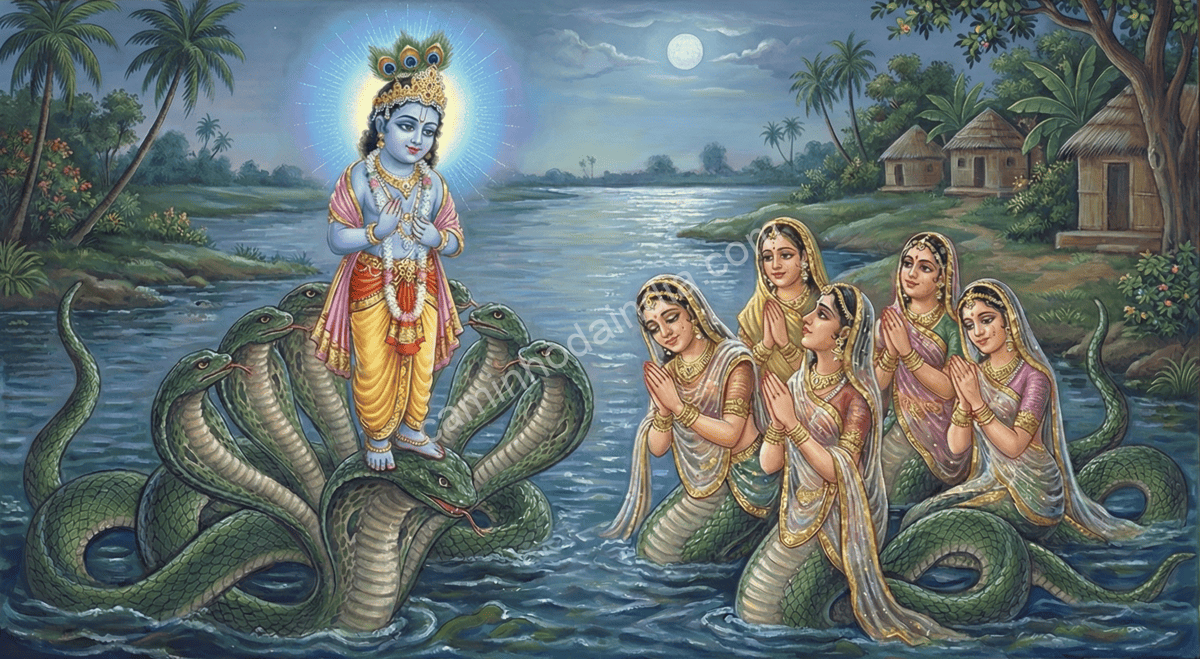 As naginas, esposas de Kaliya, pedindo a Krishna que perdoe Kaliya