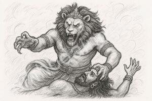 Narasimha em sua forma feroz, exibindo poder e fúria divina contra os inimigos