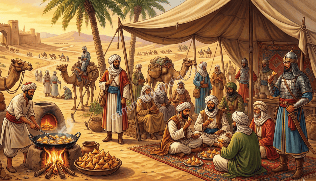 Origem histórica da samosa no Oriente Médio, conhecida como sanbosag no século XIII