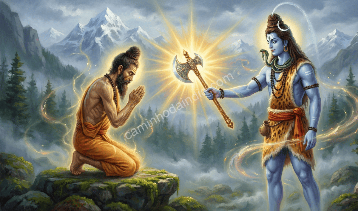 parashurama-recebendo-parashu-sagrado-de-shiva-apos-penitencia Parashurama recebendo o parashu sagrado de Shiva após sua penitência