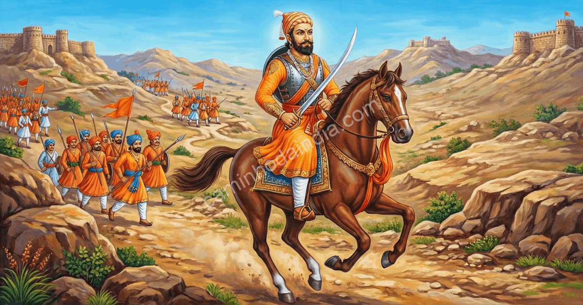 Pintura do rei marata Shivaji, devoto de Ganesha, conhecido por proteger templos durante o reinado de Aurangzeb