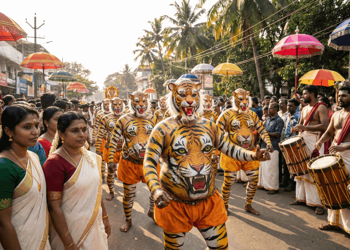 Pulikali apresentado durante o festival de Athachamayam em Kerala, com artistas pintados como tigres