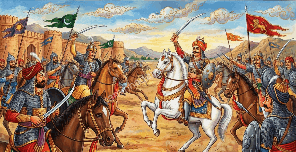 rajputs-guerreiros-rajasthan-confronto-mogol Ilustração histórica de guerreiros rajputs do Rajasthan enfrentando invasores do Império Mogol em batalha