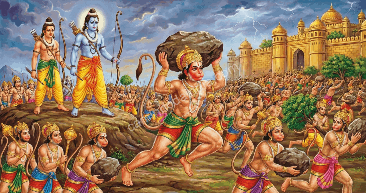 Rama, Lakshmana e Hanuman lideram o exército dos vanaras no ataque a Lanka para resgatar Sita, conforme narrado no Ramayana