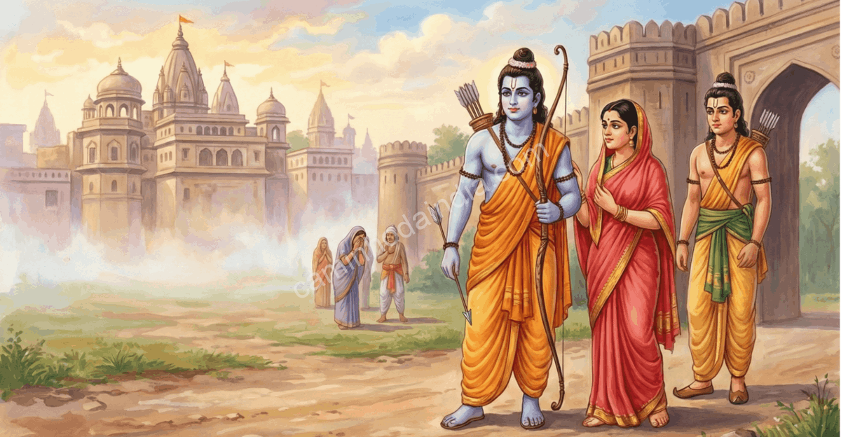 rama-sita-lakshmana-partida-ayodhya-exilio-14-anos Rama parte de Ayodhya para um exílio de 14 anos acompanhado por Sita e Lakshmana, um episódio central do Ramayana que simboliza dever, renúncia e fidelidade ao dharma.