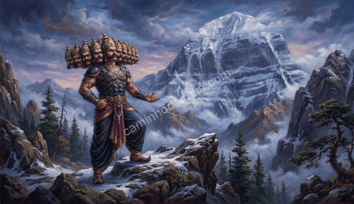 ravana-chegando-a-kailasa-observando-as-montanhas Ravana chegando ao Monte Kailasa e contemplando as montanhas sagradas