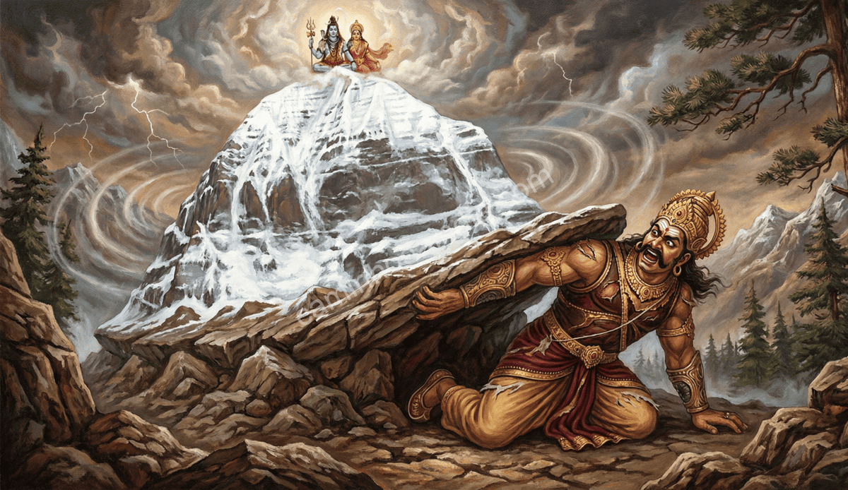 ravana-gritando-de-dor-cantando-shiv-tandav-para-apaziguar-shiva Ravana gritando de dor sob o peso do Monte Kailasa e recitando o Shiv Tandav Stotram para apaziguar Shiva