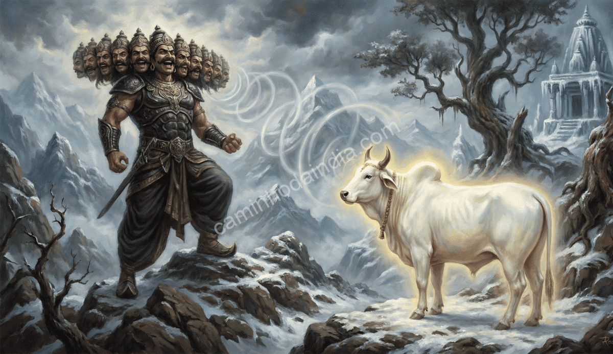 ravana-rindo-ao-ver-nandi-em-forma-de-touro-no-kailasa Ravana rindo ao ver Nandi em sua forma de touro no Kailasa