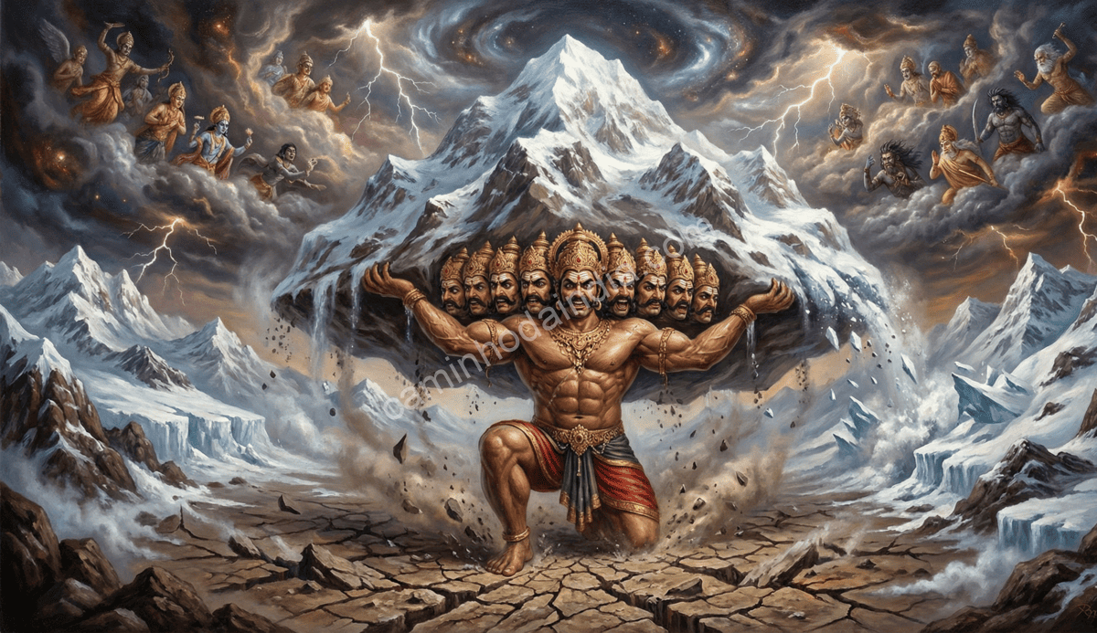 ravana-tentando-erguer-monte-kailasa-para-impressionar-shiva Ravana tentando erguer o Monte Kailasa para impressionar Shiva