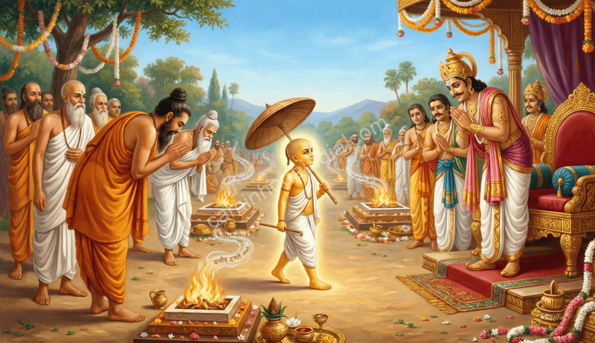 rei-mahabali-recebendo-vamana Rei Mahabali recebendo o jovem Vamana com respeito e hospitalidade