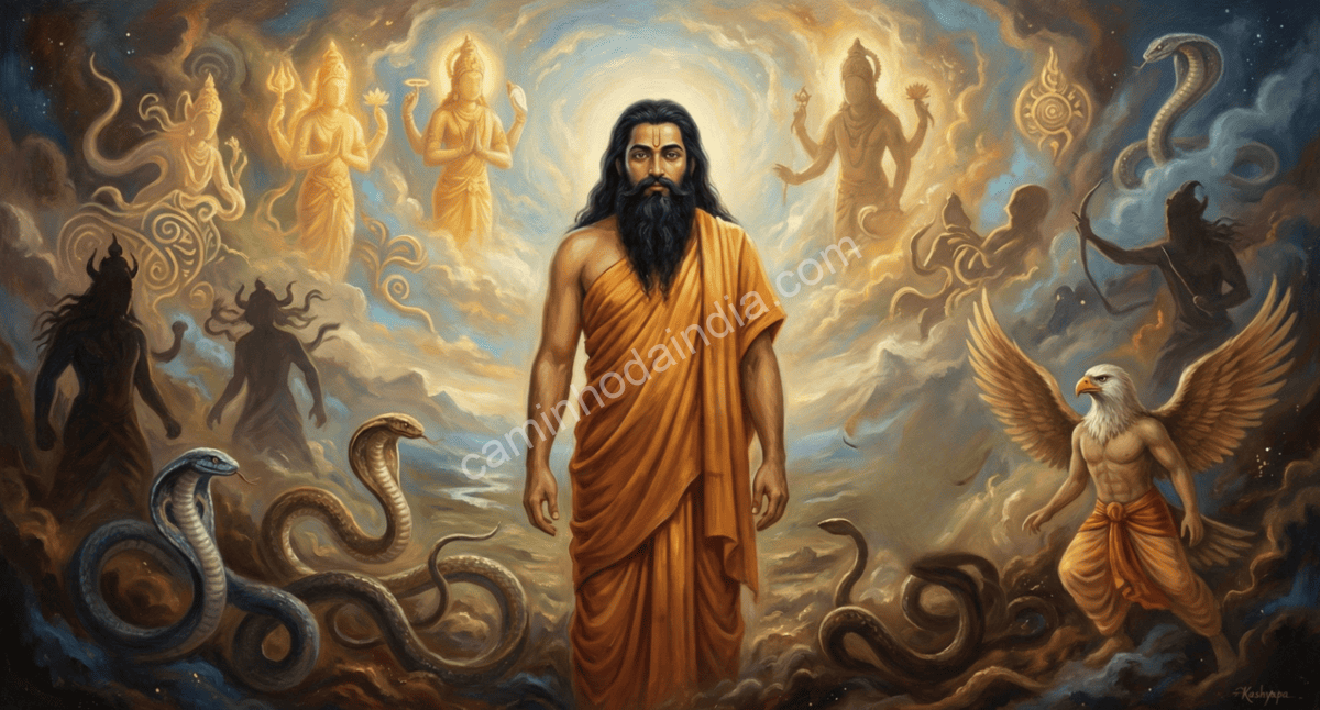 sabio-kashyapa-pai-devas-daityas-nagas-garudas Ilustração do sábio Kashyapa, pai de várias linhagens de seres como Devas, Daityas, Nagas e Garudas