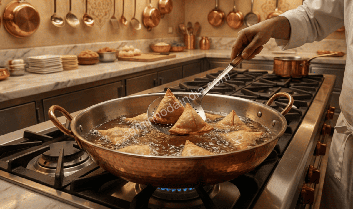 Samosas sendo fritas cuidadosamente em óleo quente até ficarem douradas