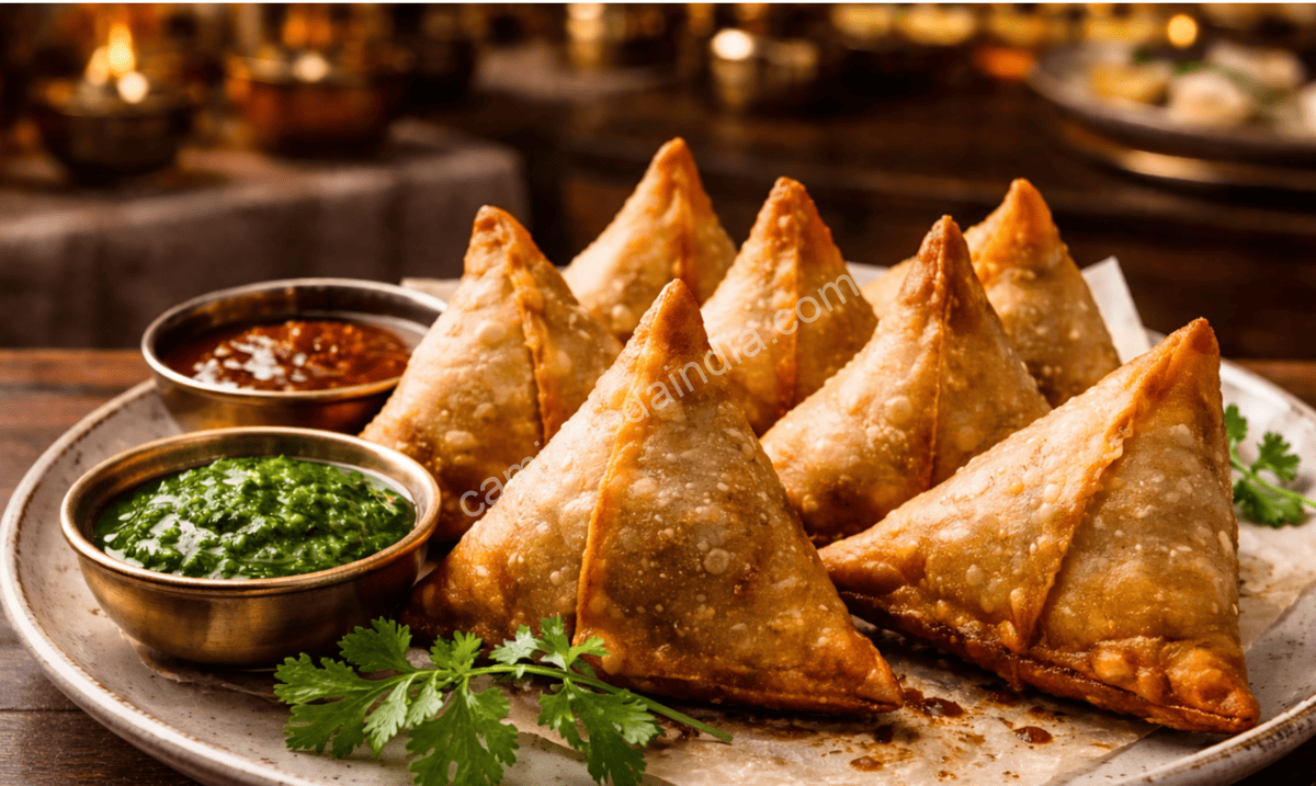 Samosa servida com chutney verde de hortelã e chutney vermelho agridoce