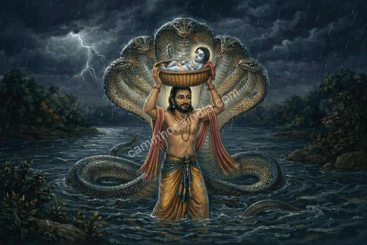 sheshnaag-protegendo-krishna-vasudeva-mathura-gokul Sheshnaag protegendo o bebê Krishna da chuva enquanto Vasudeva o leva de Mathura a Gokul