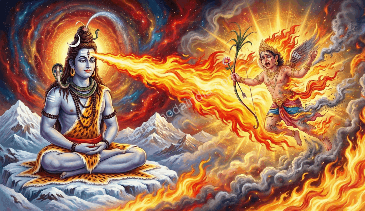 shiva-abre-o-terceiro-olho-destruindo-kamadeva Shiva abrindo o terceiro olho e reduzindo Kamadeva a cinzas, simbolizando o controle do desejo e a consciência suprema