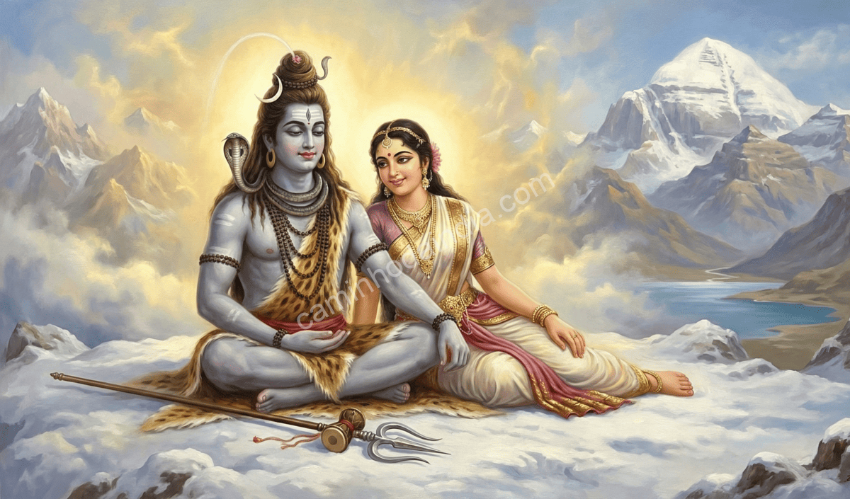 shiva-parvati-sentados-no-kailasa-ambiente-sereno Shiv Tandava Stotram Ravana
