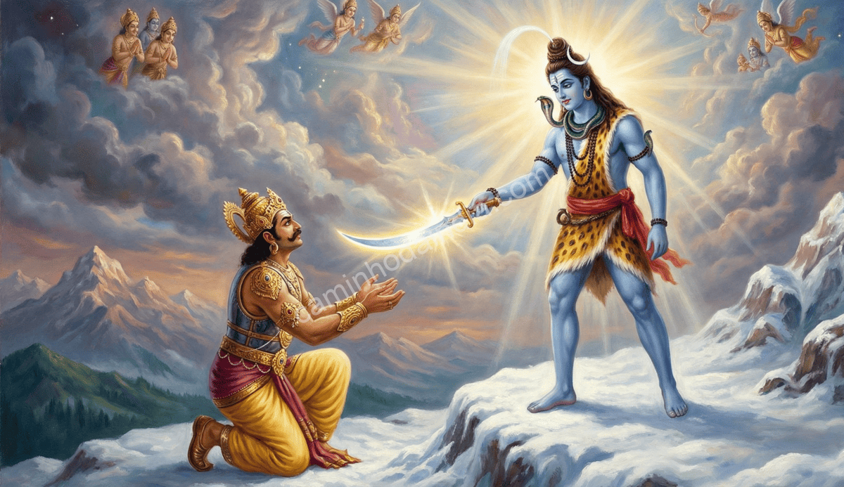 shiva-perdoando-ravana-e-oferecendo-espada-chandrahasa Shiva perdoando Ravana e presenteando-o com a espada Chandrahasa