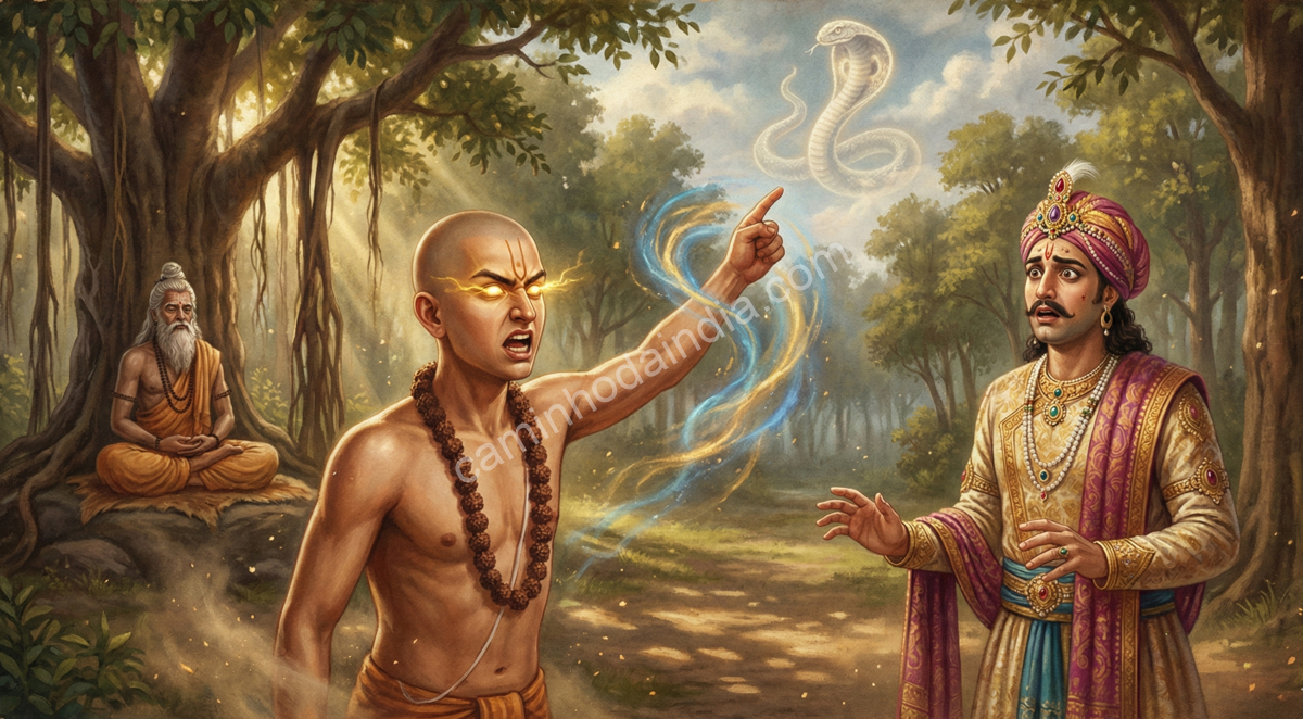 Shringi, filho do sábio Samika, lançando uma maldição contra o Rei Parikshit em um momento de intensa ira