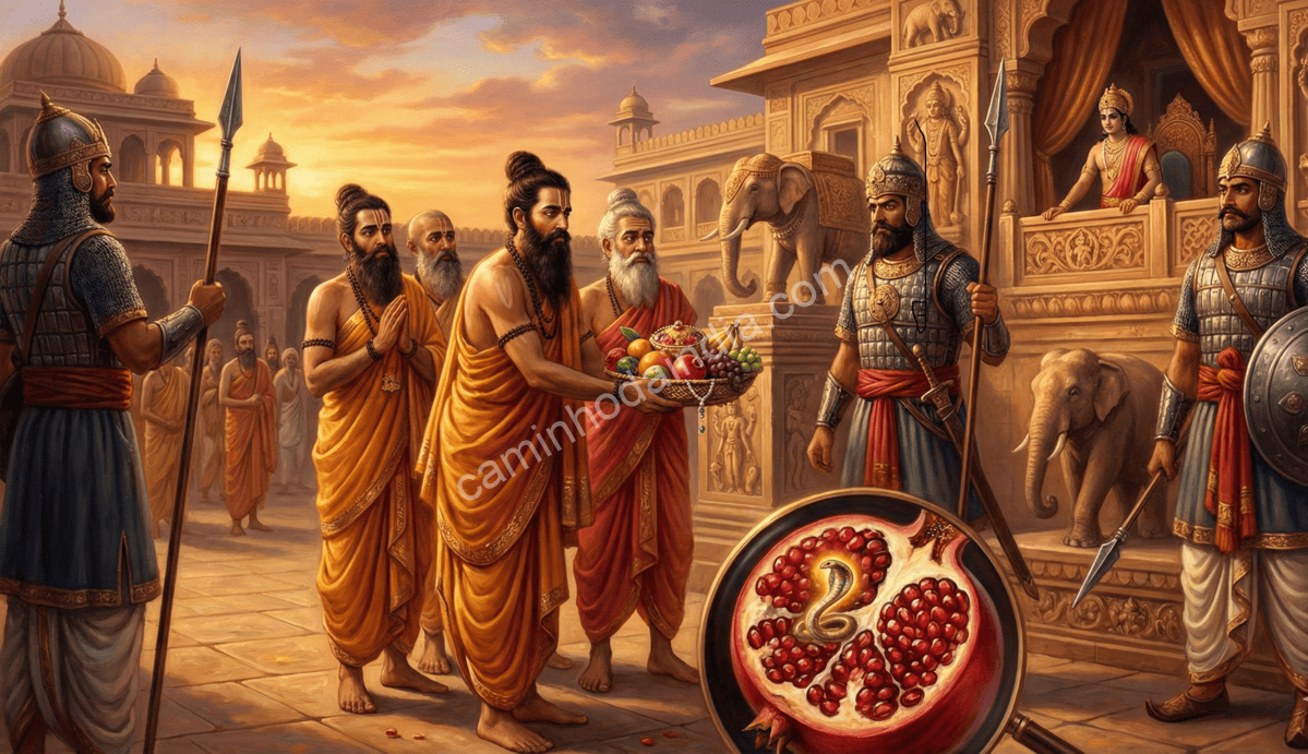 Takshaka oculto dentro de uma fruta enquanto brâmanes disfarçados entregam oferendas ao rei Parikshit