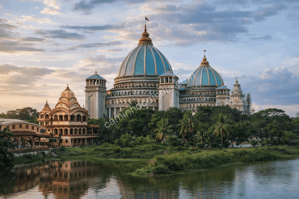 templo-iskcon-mayapur-bengala-ocidental Templo ISKCON em Mayapur, Bengala Ocidental, com sua arquitetura monumental e atmosfera espiritual às margens do rio Ganges