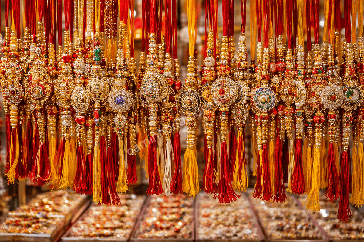 tipos-de-rakhis-venda-loja-raksha-bandhan Diferentes tipos de rakhis expostos para venda em uma loja durante o festival de Raksha Bandhan