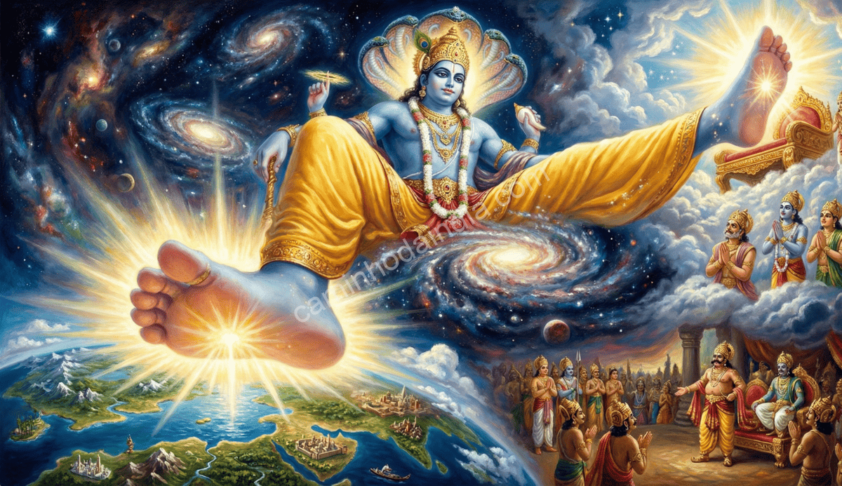 trivikrama-vamana-cobrindo-bhuloka-e-swargaloka-em-dois-passos Vamana em sua forma Trivikrama cobrindo o Bhu Loka e o Swarga Loka com dois passos
