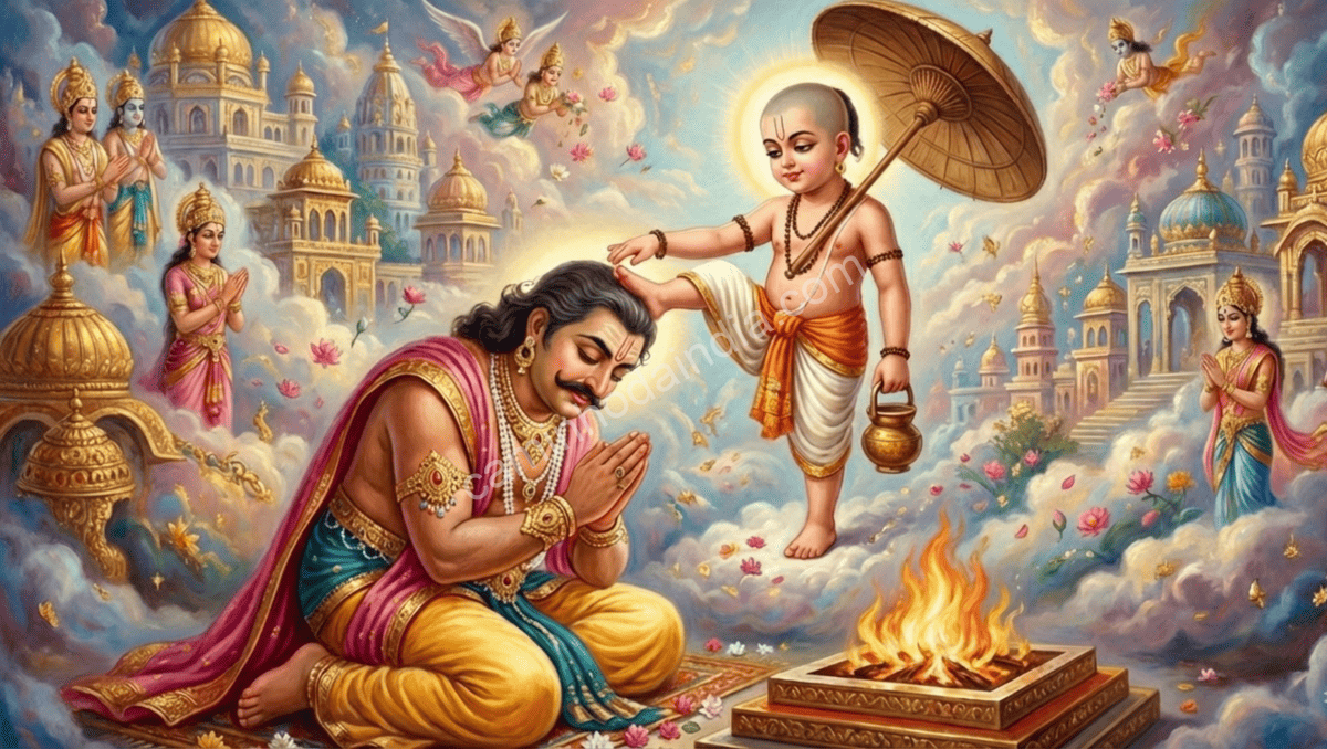 vamana-colocando-pe-na-cabeca-de-mahabali-terceiro-passo-bencao Vamana colocando seu pé sobre a cabeça de Mahabali como o terceiro passo e abençoando-o
