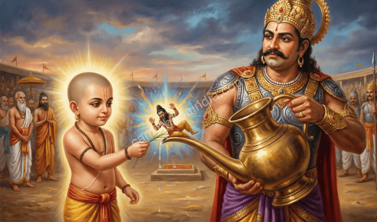 vamana-removendo-shukracharya-em-forma-de-inseto-no-ritual Vamana removendo Shukracharya, que estava oculto em forma de inseto para bloquear o ritual de cumprimento da promessa