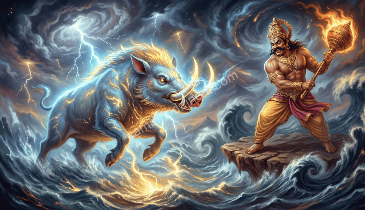 varaha-mata-hiranyaksha Varaha ergue a Terra e derrota Hiranyaksha, restaurando o equilíbrio do universo