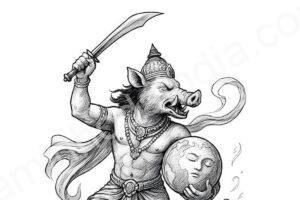 O avatar Varaha, o javali divino, protegendo o mundo ao resgatar a deusa Terra das águas cósmicas