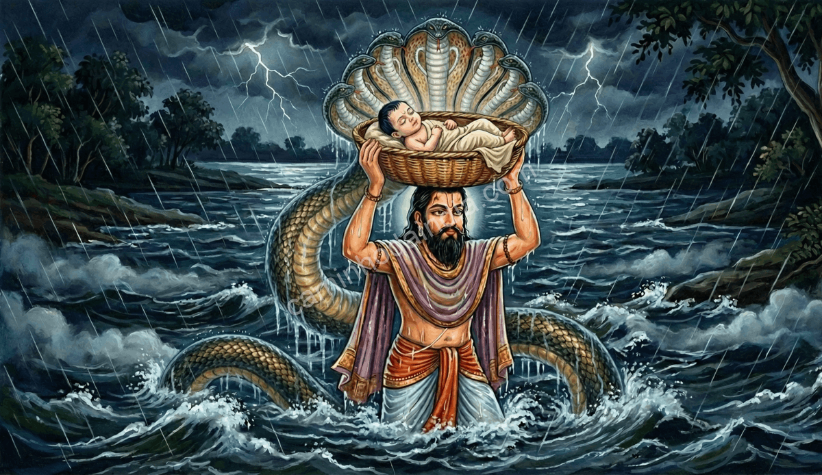 vasudeva-levando-bebe-krishna-mathura-vrindavan-serpente-divina Vasudeva conduz o bebê Krishna de Mathura a Vrindavan, cruzando o rio sob a proteção da serpente divina, que abre seu capelo para abrigar a manifestação sagrada durante a jornada