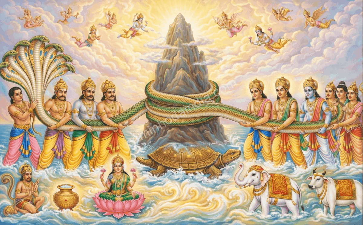 Vasuki enrolado ao redor do Monte Mandara durante o Samudra Manthan, a agitação do Oceano de Leite
