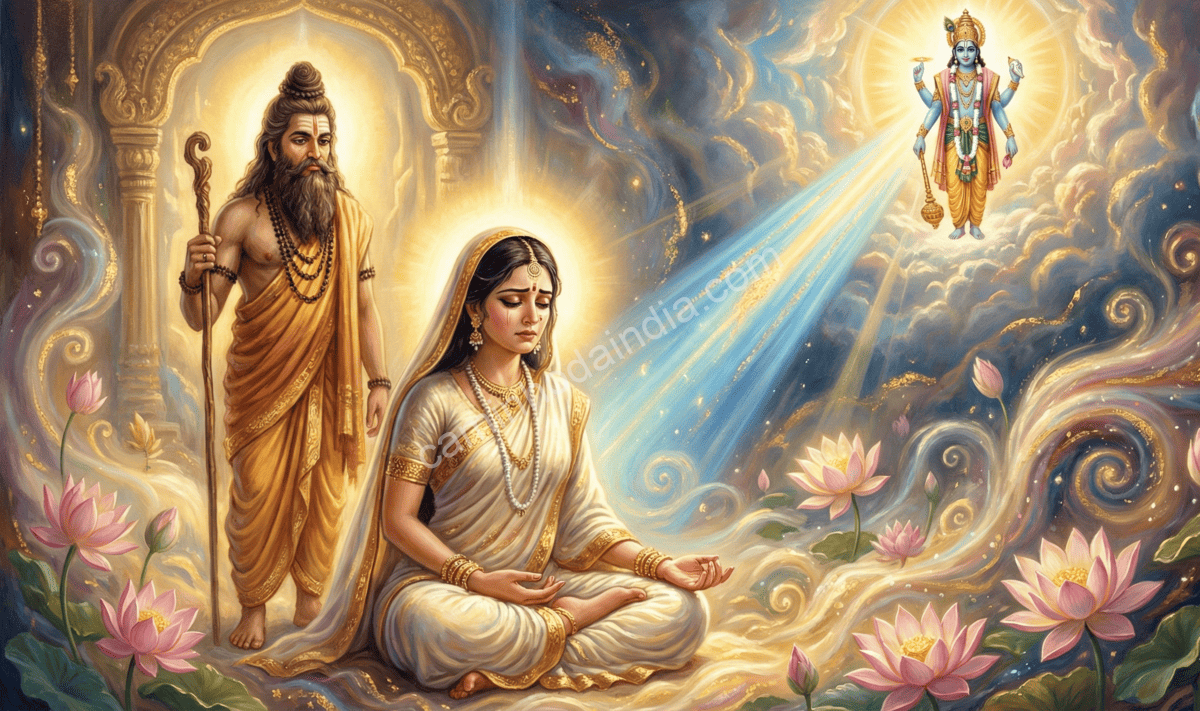 vishnu-abencoando-aditi-nascimento-vamana-kashyapa-observa Vishnu abençoa Aditi por sua penitência, prometendo nascer como seu filho Vamana