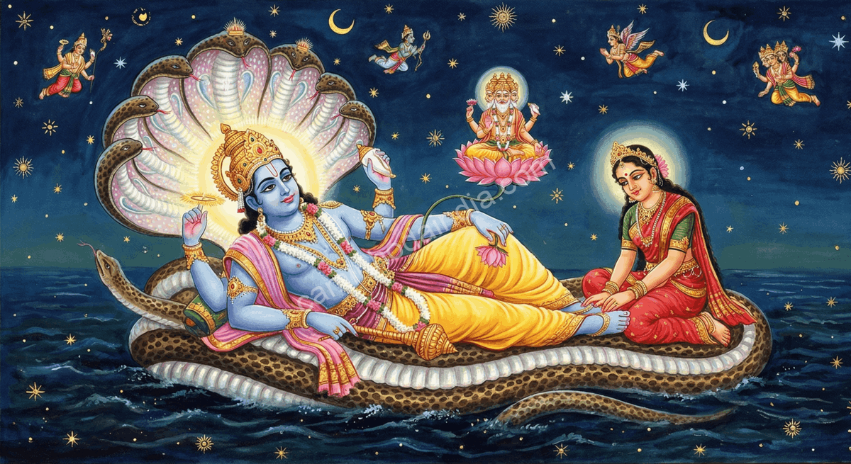 Vishnu repousando sobre Sheshnaag, com Lakshmi ao seu lado e Brahma surgindo do lótus