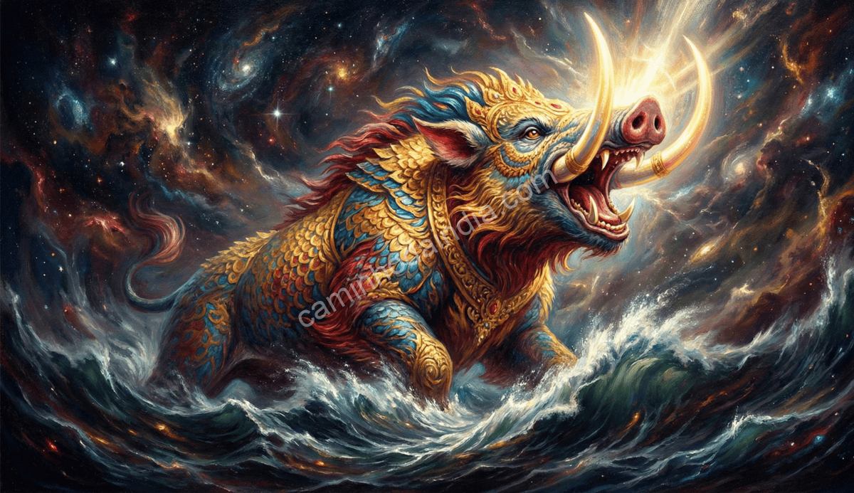 vishnu-tomando-forma-de-varaha-para-resgatar-bhumidevi Vishnu assumindo o avatar de Varaha para resgatar Bhumidevi