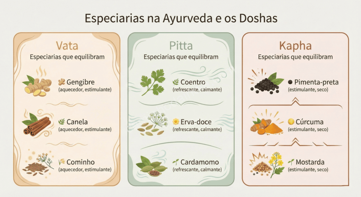 Especiarias na Ayurveda equilibrando os doshas Vata, Pitta e Kapha