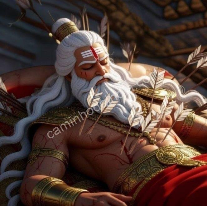 bhishmacharya-ferido-flechas-makar-sankranti Bhishmacharya gravemente ferido por flechas, deitado em sua cama de guerra, aguardando Makar Sankranti para deixar seu corpo, cena épica do Mahabharata