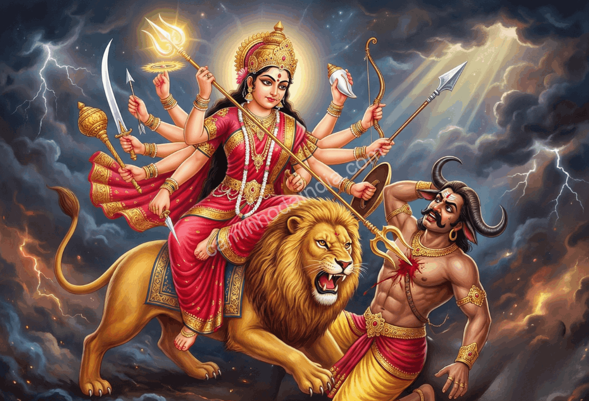 durga-matando-mahishasura-vitoria-do-dharma Deusa Durga derrotando o demônio Mahishasura, simbolizando a vitória do bem sobre o mal