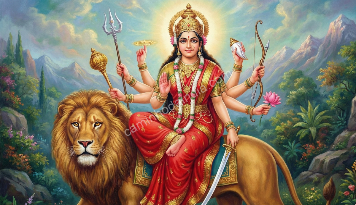 durga-sentada-em-seu-leao A deusa Durga sentada em seu leão, irradiando força, proteção e poder divino