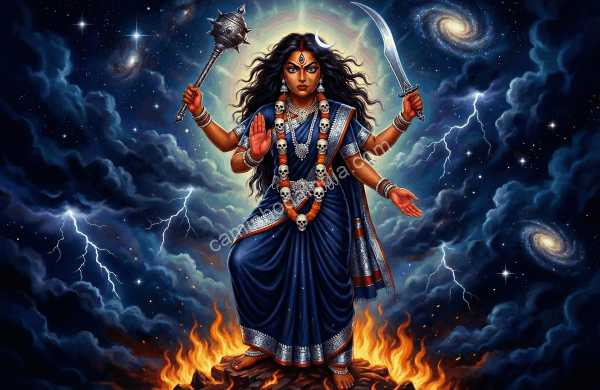 Kalaratri, a sétima forma da Deusa Durga, de aparência feroz e protetora
