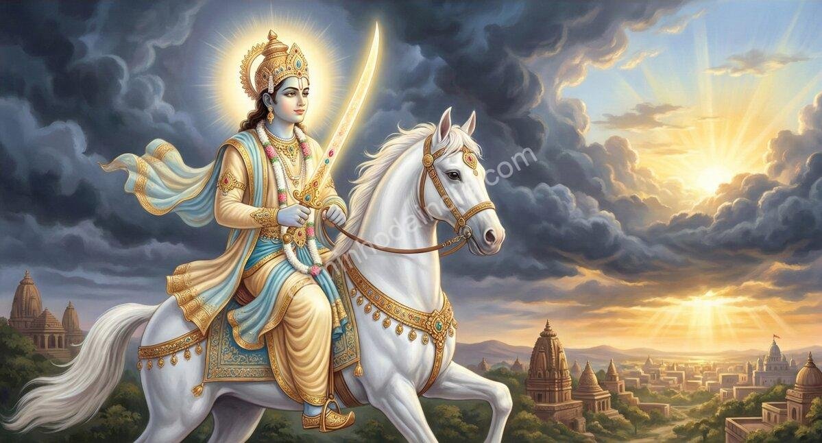 kalki-decimo-avatar-vishnu-fim-kali-yuga Kalki, o décimo e último avatar de Vishnu, destinado a manifestar-se no fim do Kali Yuga para restaurar o dharma e a ordem cósmica.