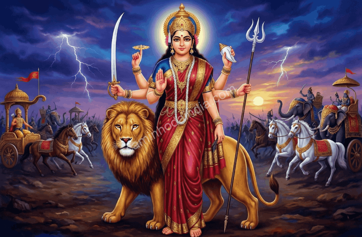 katyayani-sexta-forma-de-durga-navaratri Katyayani, a sexta forma da Deusa Durga, empunhando armas em postura guerreira