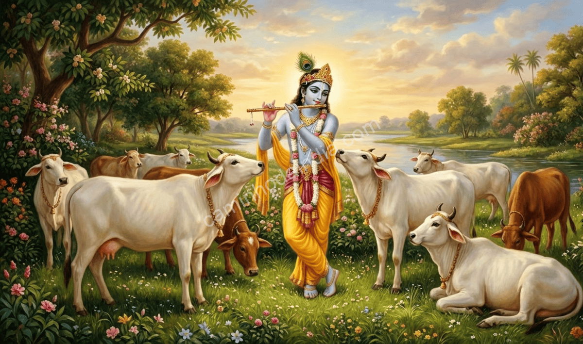 Krishna cercado por vacas, tocando flauta em um cenário pastoral