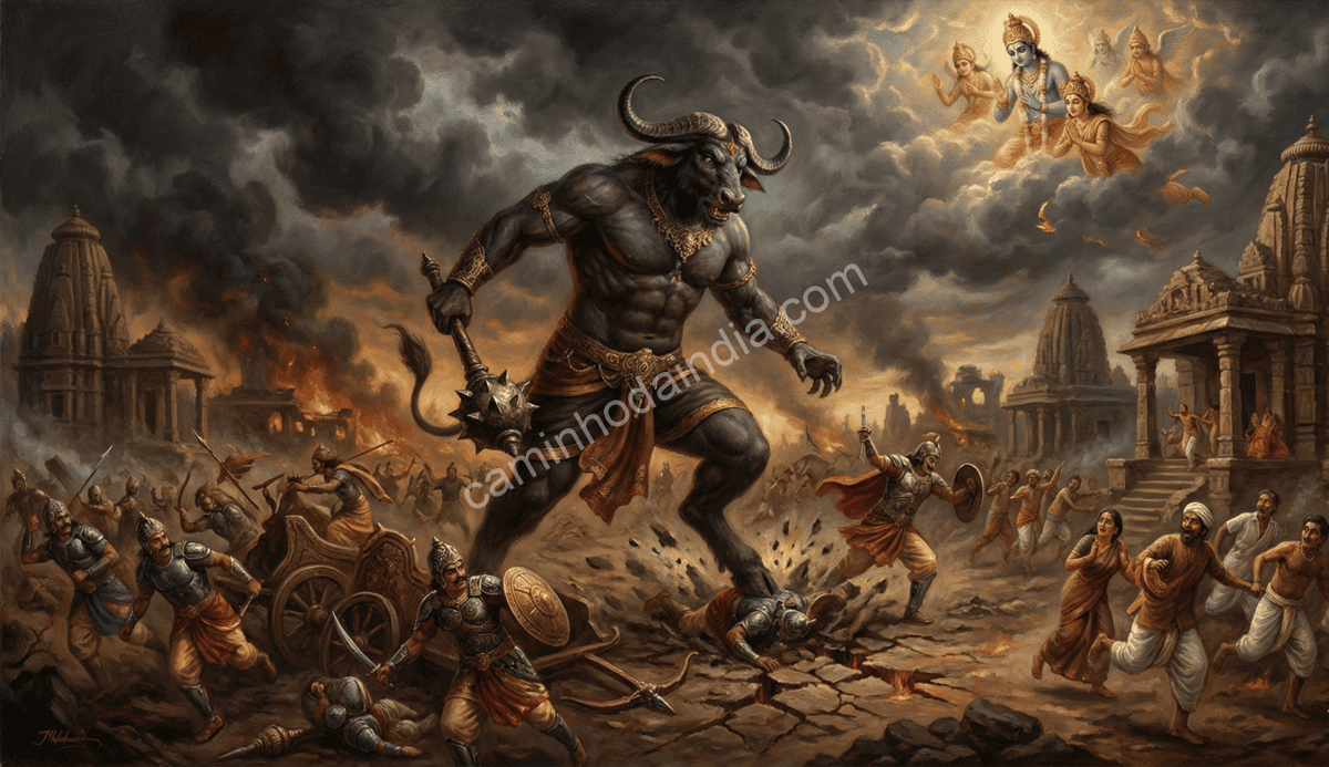 mahishasura-causando-destruicao-deuses-indefesos-por-bencao-de-brahma Mahishasura causando destruição na terra enquanto os deuses observam sem poder agir devido à bênção concedida por Brahma